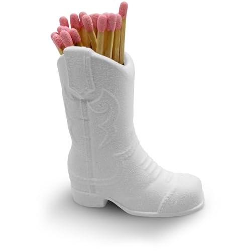 Cowboy Boot Ceramic Match Holder with Built-in Striker - Rustic Western Home Decor - Vintage Farmhouse Aesthetic-Kitchen, Bathroom, Fireplace & Candle Lighting - Unique Gift for Western Lovers (White)