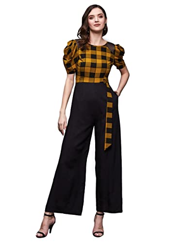 Miss Chase Women’s Black & Mustard Round Neck Cowl Sleeve Checkered Wide-Leg Viscose-Rayon Regular Length Jumpsuit (MCSS23D15-71-298-06, Black & Mustard, XL)