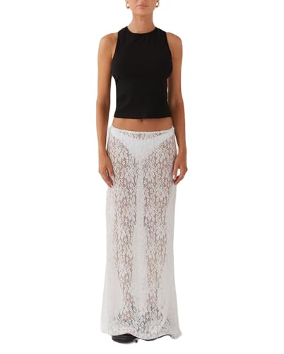 Women Lace Long Skirt Low Rise A-line Midi Skirt Y2K Summer Elegant Beach Party Maxi Skirts(J-Cute Summer Maxi Skirt White,S)