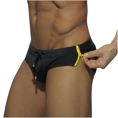 SHOPESSA Men's Low Rise Swim Briefs Zip Side Sexy Bikini Padded Sporty Swimsuit Quick Dry Athletic Beach Adjustable Swimwear Black