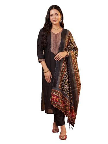 Image of INDO ERA Women's Silk Blend Embroidered Sequinned Kurta & Pant with Dupatta Set