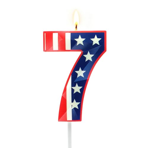 American Flag Number Birthday Candles, America 250 Cake Candles, Patriotic 4th of July Party Decorations, 1776-2026 American Flag Cake Topper for Kids, Independence Day Birthday Supplies (Number 7)