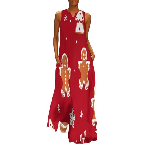 Robe Longue Imprimé Biscuits de Noël Maxi Robe Grande Taille sans Manches Col en V Robe A-Line Fête