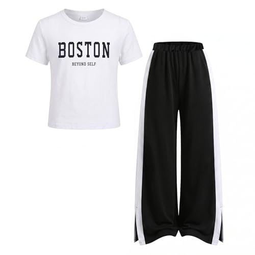 SISTERBRO Girls 2 Piece Outfits T Shirt & Wide Leg Sweatpants Matching Sets Teen Girls Summer Casual Clothes Size 13-14 Years(Black)