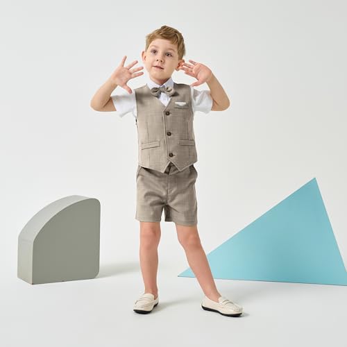 Image of Volunboy Baby Boys Summer Suits Short Sleeve Wedding Ring Bearer Outfits 4Pcs Graduation Dress Vest Shirt Bowtie Shorts Set