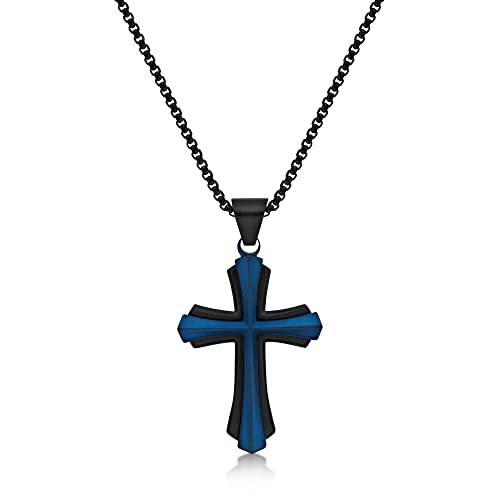 Metro Jewelry Stainless Steel Cross Pendant Necklace for Men with Black and Blue Ion Plating on 24 Inches Long Round Box Chain