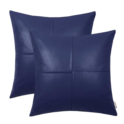 BRAWARM Faux Leather Throw Pillow Covers 16 X 16 Inches, Navy Blue Leather Pillow Covers Pack of 2, Hand Stitched Leather Decorative Throw Pillows for Couch Sofa Bed Living Room Home Garden