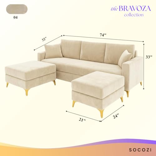 Image of SOCOZI Bravelle 3 Seater Modular Sofa Set with 2 Ottoman | Soft Velvet Suede Fabric | Modern Design | Plush Comfort Cushions for Living Room (Cream)