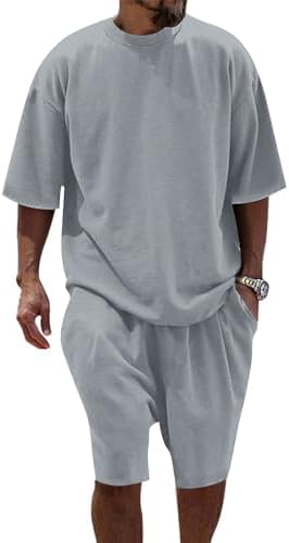 Cooleep Heren T-shirts en shorts set 2 stuks zomer trainingspak ronde hals T -shirt & casual kort M-3XL, Grijs, XL