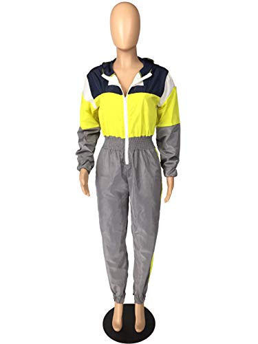 Voikerdr Women Colorblock One Piece Outfits Set High Waist Pants Long Sleeve Zipper Front Windbreaker Jumpsuit Grey Xl #TOP5