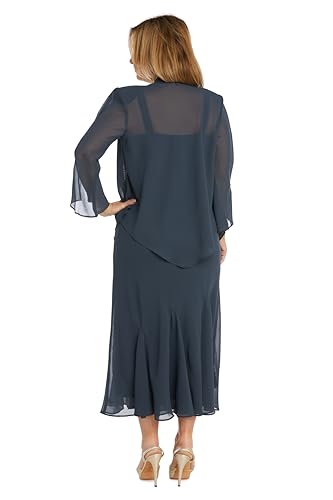 Image of Elegant Beaded Pebble Georgette Mid-Calf Slip Dress W /Matching 3 /4 Sleeve Jacket - Two-Piece Set for Formal Events