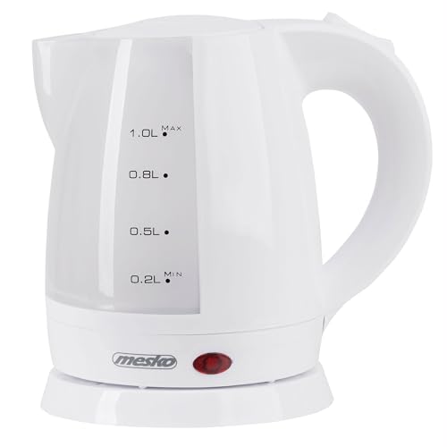 Mesko MS1276 Bouilloire Électrique 1 Litre, Sans BPA, Theiere Sans Fil, Arrêt Automatique, Base 360º, Filtre Anti-Calcaire, Blanc, 1600W