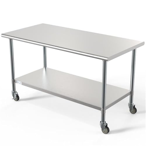Image of KoolMore Commercial 30 inch x 60 inch Stainless Steel Work Table Wheels Restaurant Home Use, Under Storage Shelf Food, Tools, Equipment, Hardware, Heavy Duty Metal Workspace (CT3060-18C), Silver, 30 inch x 60 inch
