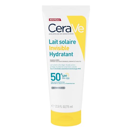 CeraVe, Lait Solaire Invisible Hydratant 24h SPF50+, Enfants et Adultes, Haute Protection Solaire, Non Gras et Collant, Visage et Corps, Hypoallergénique, 3...