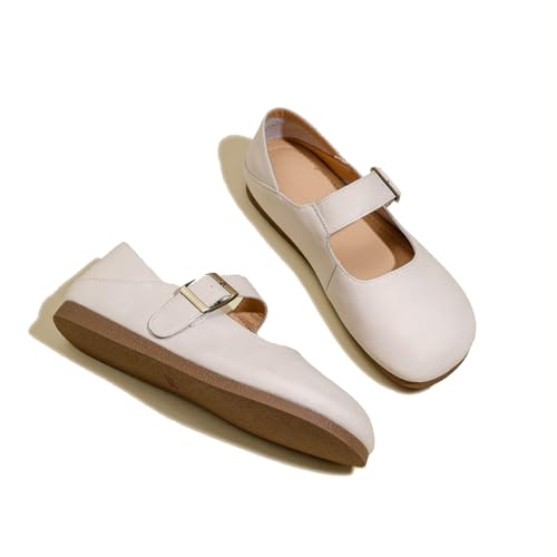 Women's Genuine Leather Round Head Flat Mary Jane Shoes with Adjustable Straps Fashio Comfortable Slip On Ballet Flats Dressy Office Work Shoes