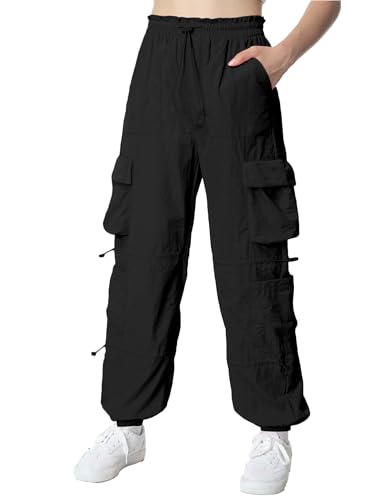 Image of EXARUS Girls Parachute Pants Cargo Hip Hop Wide Leg Baggy Y2K Teen | Tween Casual School Dance Streetwear with Pockets Elastic Waist Youth Junior Kids Bottoms Hiking 8-14Y