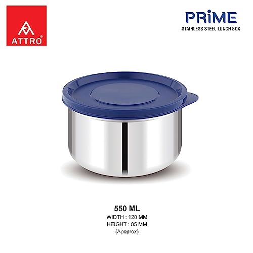 Image of ATTRO Prime Stainless Steel Single Wall Storage Containers Airtight & Leak Proof Containers for Office Use, School, Picnic, 550ml -Blue-Set Of 4