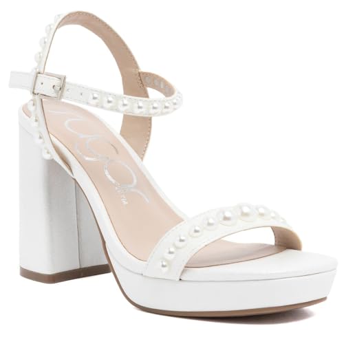 Sugar Womens Chunky High Heel Platform Sandals Open Toe Ankle Strap Dressy Vegan Leather,Vallentia Pearls - Black,Size 7