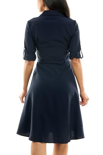 Image of Sharagano Women's Pleated Shirt Dress - 3 /4 Sleeve, V-Neck, Gold Buttons