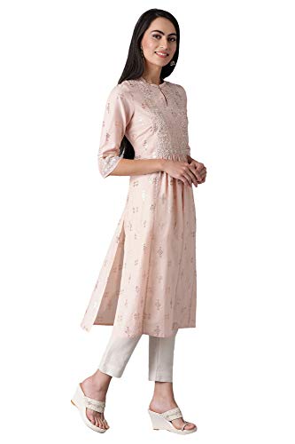 Image of W for Woman Women's Cotton Relaxed Fit Anarkali Mandarin Neck Gathered Kurta