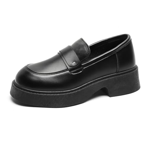 Men's Retro Leather Platform Chunky Heel Loafers with Arch Support Casual Round Toe Thick Sole Heightening Slip-On Formal Dress Penny Shoes for Party Wedding Business Daily
