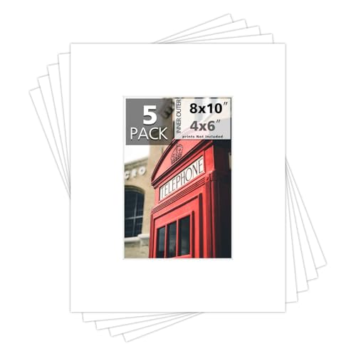 MBC Mat Board Center, Pack of 5, 8x10 for 4x6 White Photo Picture Mats - Acid Free, 4-ply Thickness, White Core - for Pictures, Photos, Framing