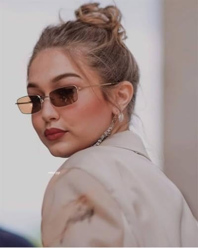 ADE WU Fashion Sunglasses Glasses for Women Men, Narrow Rectangle Frame Unisex Style, Gold Rectangular Rimmed Brown Lense and Lightweight Black Frame Blue Light Glasses y2k 90s Stylish Trending3