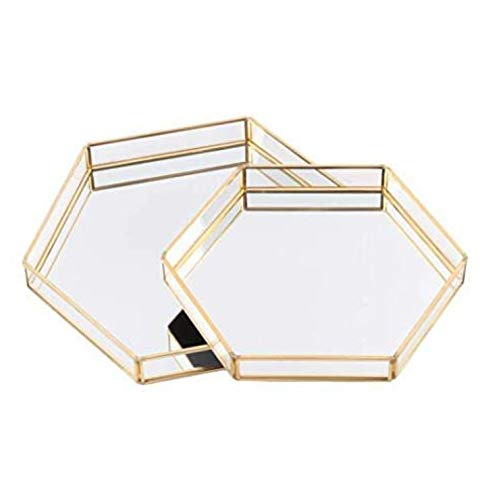 Image of brass vintage glass hexagonal jewellery mirror tray for Home /Office Storage, Display, Cosmetics for Bedroom Bathroom (golden) Size: 8 X 8 X 2 inches (W X L X H)