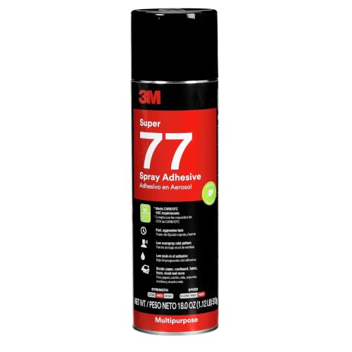 Image of 3M Super 77 Multipurpose Spray Adhesive, Low VOC, Bonds Paper, Corrugated Board, Fabric, Foam, Wood, Clear Glue, 24 floz (Net Wt 18.0 oz), 1 Can