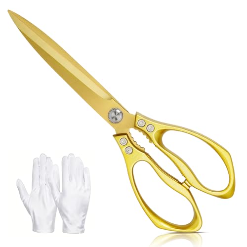 Large Ribbon Cutting Scissors Heavy duty gold stainless steel scissors With scissors and a pair of white gloves Suitable for Ribbon-Cutting Office Home and Crafts Right/Left Handed (10.83 inches)