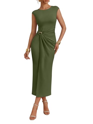 LILLUSORY Women's 2026 Summer Bodycon Midi Dress Wedding Guest Elegant Ruched Split Party Cocktail Wrap Dresses Fashion Casual Slim Fit Trendy Cruise Outfits Green S