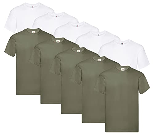 Lot de 10 t-shirts homme Fruit of the Loom M coton col rond blanc et olive