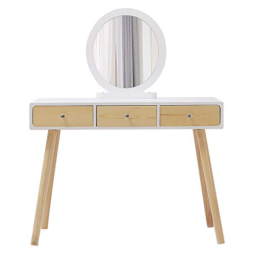 YJIIJY Tocador con 1 Espejo, 3 Cajones, 1 Taburete para Dormitorio/Vestidor/Salón de Belleza (100x40x125CM, Blanco Madera)