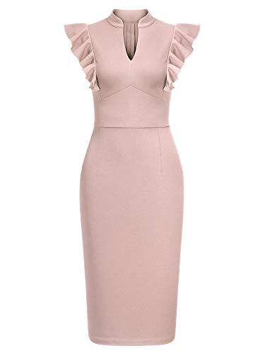 Image of Knitee Women's Vintage Ruffle Sleeve V-Neck Bodycon Evening Party Cocktail Pencil Sheath Dress