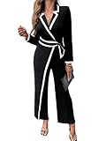 CHICME Wrap Front Jumpsuits for Women Contrast Paneled Long Sleeve Notched Collar Padded Shoulders Casual Jumpsuit Black-S