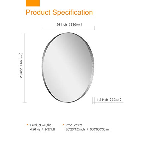 Kaasunes 26-Inch Contemporary Brushed Stainless Steel Silver Wall Mounted Round Mirror, Glass Panel Circle Deep Set Design For Bathroom, Entryways, Living Rooms #TOP5