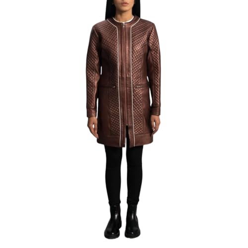 Quilted Long Leather Coat, Brown, Metallic Trim Detail, Mandarin Collar, Winter Fashion4