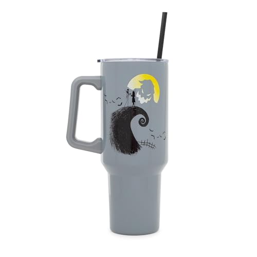 Image of Silver Buffalo Disney Nightmare Before Christmas Featuring Oogie Boogie, Jack Skellington, and Sally Double Walled Stainless Steel Tumbler with Handle and Straw, Fits in Standard Cup Holder, 40 Ounces