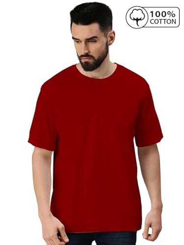 Image of Veirdo Oversized Baggy Fit Drop Shoulder Half Sleeves Round Neck Solid Pure 100% Cotton T-Shirt for Men (Available in White, Black, Mustard, Maroon, Green, Lilac, Navy, Red Color)
