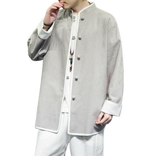 Chemise manches longues homme en coton et lin noble au design asiatique épuré et finitions haut de gamme
