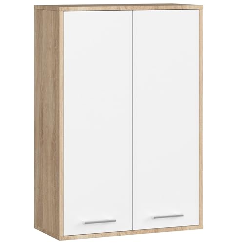 AKORD Badezimmer-Hängeschrank FIN 64 cm 2 Türen B64xH94xT30 cm - mit Ablagen - Badschrank, Wandmontiert Gewicht 8,10kg Eiche Sonoma & Weiß