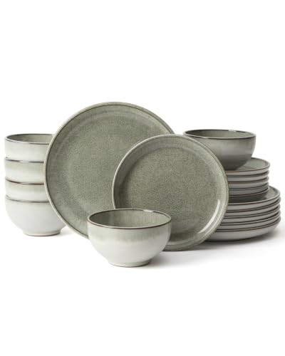 Pokini Ceramic Dinnerware Sets for 6, 18pcs Plates and Bowls Sets Dish Set