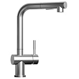 Zwei Modi: Dieser Küchenwasserhahn kommt mit einem 2 Modi Duschkopf (Duschmodus, Strahlmodus) aus Kunststoff. Durch leichtes Drücken der Taste nach oben/unten kann der entsprechende Modus umgeschaltet werden. Es ist bequem, Früchte abzuspülen oder Wasser mit dem Duschkopf zu holen.