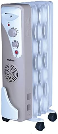 Havells OFR 5 Wave Fins (Oil Filled Radiator) with Fan| Room Heater| 1400 W| 3 Thermostatic Heat Power Settings & PTC Fan Control| Long-Lasting Heat| Comfortable Breathing|Uniform 360° Heating (Beige)