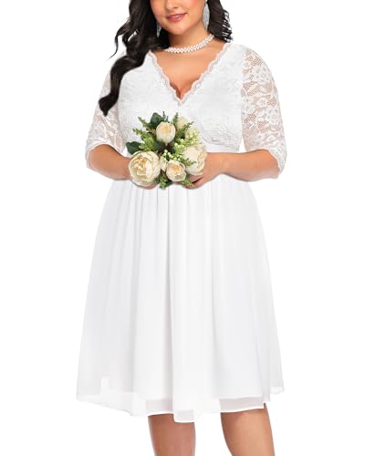 Image of Pinup Fashion Plus Size Lace Chiffon Wrap V Neck Dresses Women Cocktail Wedding Guest Midi Dress