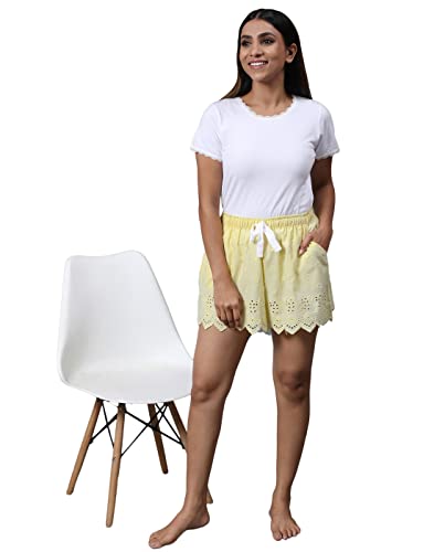Image of B STORIES Women's Cotton Yellow Embroidery Lounge Shorts (LSHOR-004-18015-M, Medium, Yellow)
