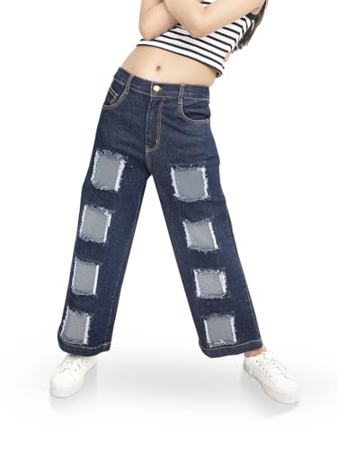 Image of olele Girls Super Jeans Collection for 4-14 Yrs | Stretchable Cotton Denim Trousers | Blue Jeans for Kids | Baggy Denim Pants | Cargo Pants for Girls