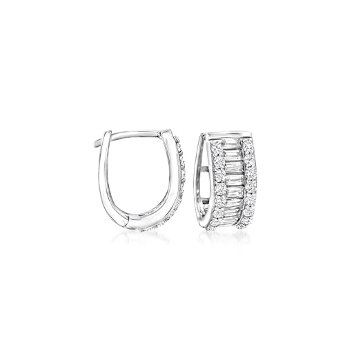 Ross-Simons 1.40 ct. t.w. Baguette and Round CZ Huggie Hoop Earrings in Sterling Silver