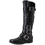 Generation Y Women's Knee High Mid Calf Flats Boots Sweater Knitted Cuff Buckles Wedge Rubber Sole Black PU Size 6