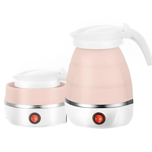 AHDXKUE Foldable Electric Kettle, Travel Kettles Electric Small, 600ML Silicone Mini Kettle Portable Kettle, Tea Coffee Maker, Travel Kettles with Separable Power Cord for Outdoor Hiking Camping, Pink